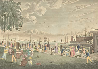 People enjoying a waterfront scene with ships