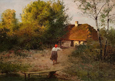 Woman walking towards a thatched cottage