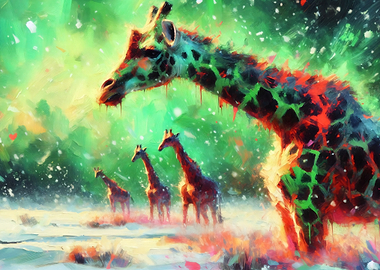 Colorful Giraffes in Snowy Landscape