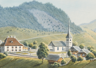 Watercolor painting of a village with a church