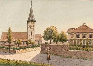 Village scene with church and house