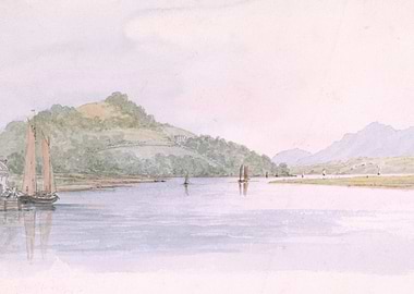 Watercolor painting of a river scene with sailboats