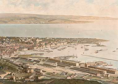 Panoramic View of a Bustling Harbor City