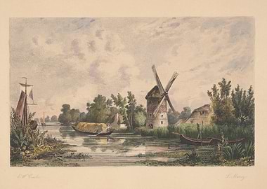 Windmill and Boats on a River