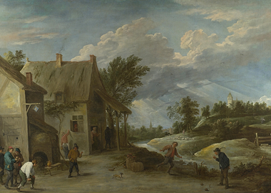 Rural Village Scene with People Playing