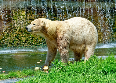 Polar Bear by Waterfall