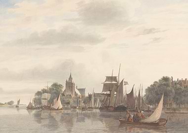 Watercolor painting of a Dutch harbor scene