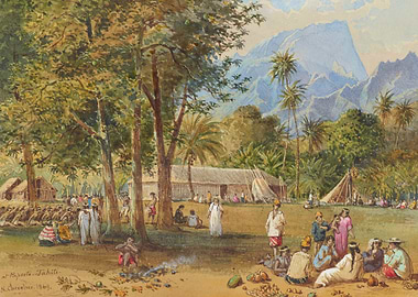 Tahiti Village Scene with Mountains