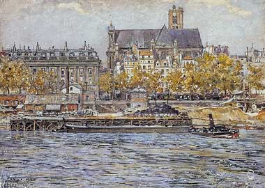 Parisian River Scene with Church and Buildings