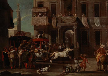 Venetian Carnival Scene with Horse and Carriage