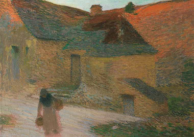 Figure walking on a path towards houses