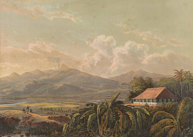 Tropical Landscape with Volcano and House