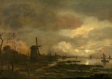 Dutch Landscape with Windmill and River
