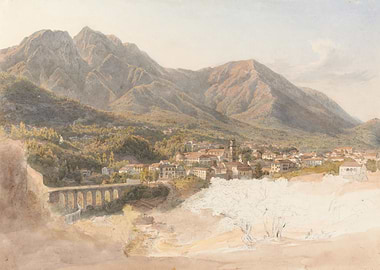 Watercolor Landscape of a Mountain Town