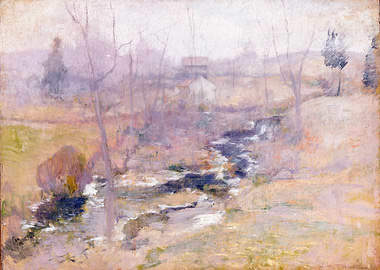 Misty Landscape with Stream and Buildings