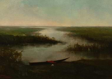 Misty Marsh Landscape with Boat