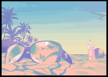 Retro Beach Scene with Sunglasses