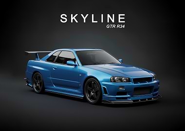Blue sport jdm Nissan Skyline GT-R R34 car poster
