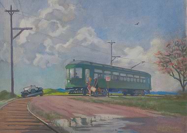 Vintage Trolley and Car at a Crossing