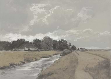 Pastel Landscape with Canal and Farmhouse