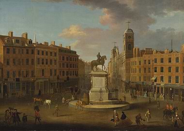 Equestrian Statue in a Bustling City Square