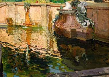 Impressionist Fountain and Water Reflections