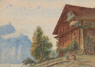 Alpine Chalet with Figures and Mountains