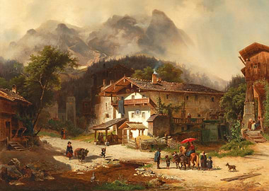 Alpine Village Scene with People and Animals