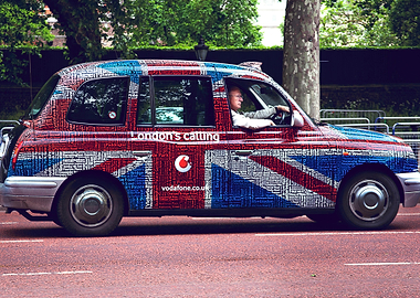 London Taxi with Union Jack Text Art