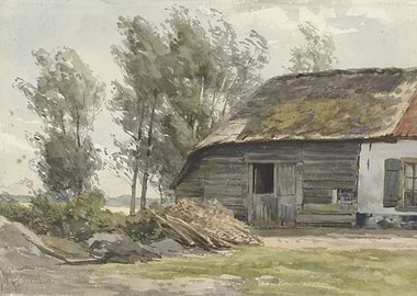 Rustic Farmhouse Scene with Trees