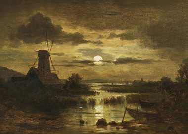 Moonlit Landscape with Windmill and Boats