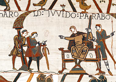 Harold Godwinson Speaks with Guy of Ponthieu Bayeux Tapestry Scene 9