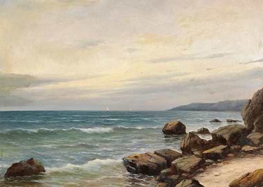 Seascape with Rocky Shoreline and Sailboats