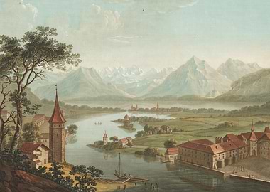 Alpine Lake Landscape with Town and Mountains