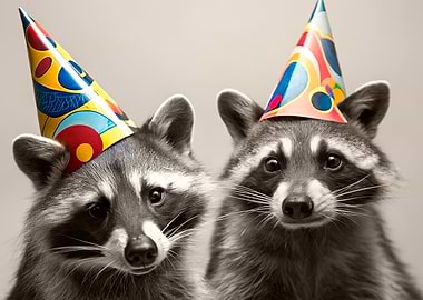 Two Raccoons Wearing Party Hats