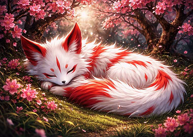Sleeping Kitsune in Cherry Blossoms