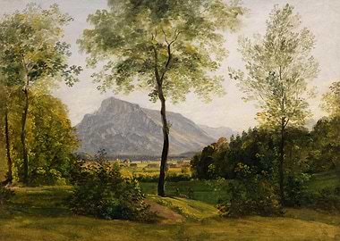 Mountain Landscape with Trees and Deer