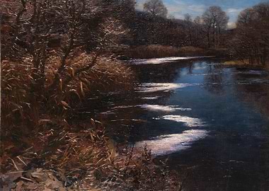 Winter River Landscape with Sunlight