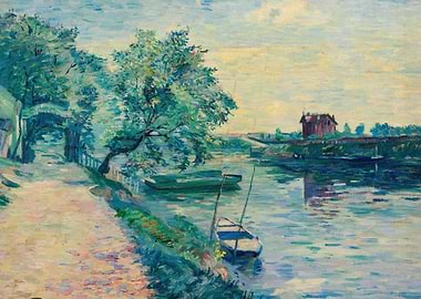 Impressionist River Scene with Boats
