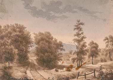 Watercolor landscape with railroad tracks