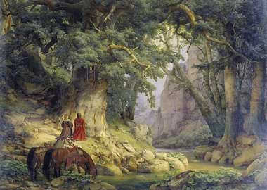 Medieval figures by a forest stream