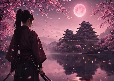 Samurai Woman by Cherry Blossoms and Castle