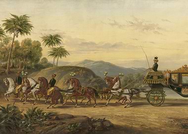 Royal Carriage Procession in Tropical Landscape