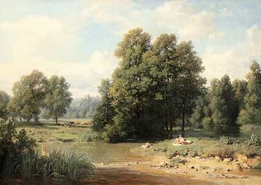 Idyllic Riverside Scene with Castle in Distance
