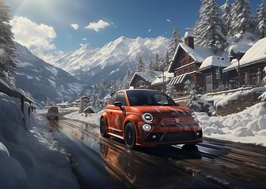 Orange Fiat 500 in winter