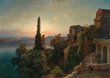 Sunset over Italian Landscape with Village