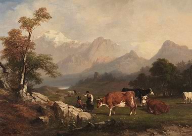 Pastoral Mountain Landscape with Cattle and Figures