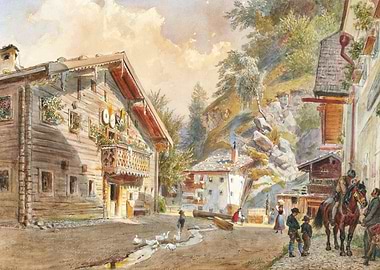 Alpine Village Scene with Geese and Horse