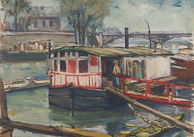 Houseboat on a River with Bridge