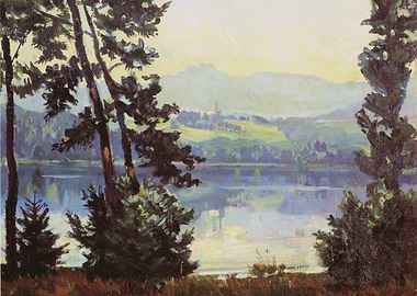 Serene Lake Landscape with Trees and Hills